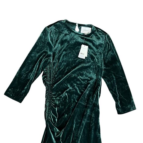 L.K. Bennet Women’s Izzy Forest Green Velvet Ruched long Sleeve Midi Dress 12 - Picture 3 of 11